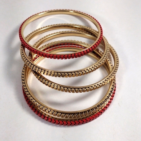 Women's Stunning Set of 5 Dainty Gold-tone & Red Colors Bangle Bracelets - Picture 4 of 8